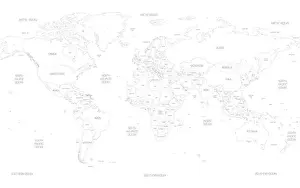 Continents Prints: Map of World. Detailed thin black outline political map with country
