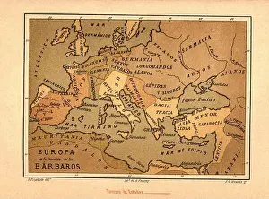 Historia Universal Prints: Mapa de Europa en la invasión de los Bárbaros publicado en el libro Historia Universal