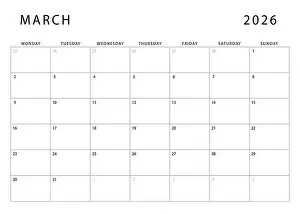 Calender Prints: March 2026 calendar. Monthly planner template. Monday start. Vector design
