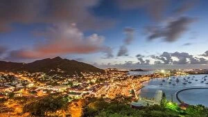 Images Dated 28th December 2016: Marigot, St. Martin town skyline in the Caribbean at twilight