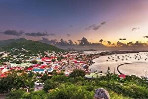 Images Dated 28th December 2016: Marigot, St. Martin town skyline in the Caribbean at dusk