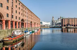 Industrial Buildings Prints: Marina at the Albert Dock, a complex of dock buildings and warehouses in Liverpool
