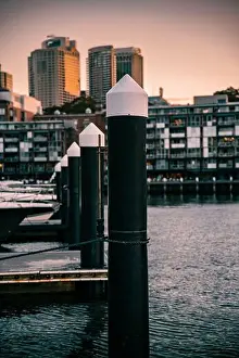Boat Harbour Prints: Marina pylons in front of Sydney waterfront appartments