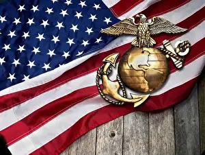 Globe Prints: Marine eagle, globe and anchor with American flag background