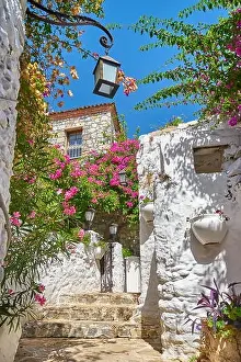Marmaris old town, old turkish house facade with blooming flowers, Turkey