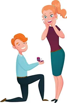 Kneeling Prints: Marriage proposal cartoon characters scene with kneeling man with engagement ring