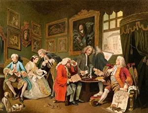 High Society Prints: The Marriage Settlement, England, 1700s. Color lithograph of a Hogarth painting