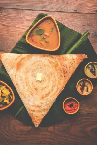 Served Prints: Masala dosa with chutney and sambar and potato sabzi