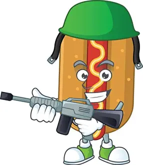 Snack Food Prints: A mascot design picture of hotdog as a dedicated Army using automatic gun