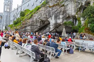 Miracle Prints: Massabielle grotto, statue of Our Lady of Lourdes and pilgrims