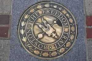 Northeast Prints: MASSACHUSETTS Boston Freedom Trail plaque embedded in sidewalk walk through American history