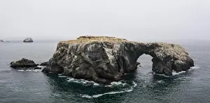 A massive sea stack, formed by the erosive powers of wind and water, rests near the wild, fog-covered coast of northern California