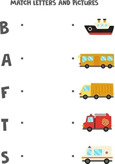 Lessons Prints: Match transport and letters. Educational logical game for kids. Vocabulary worksheet