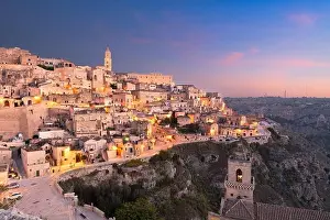 Matera, Italy on the canyon at dusk