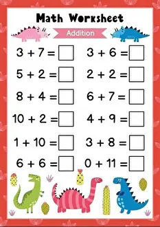 Learning Prints: Math worksheet for kids. Addition. Mathematic activity page with cute dinosaurs