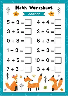 Quiz Prints: Math worksheet for kids. Addition. Mathematic activity page with cute foxes
