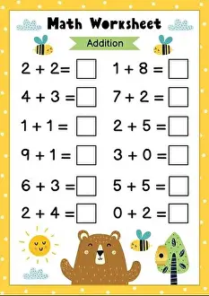 Quiz Prints: Math worksheet for kids. Addition. Mathematic activity page with cute owls
