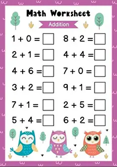 Quiz Prints: Math worksheet for kids. Addition. Mathematic activity page with cute owls
