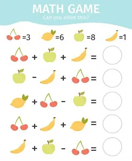 Mathematical kids game. Children educational addition and subtraction game, math counting equations worksheet vector illustration set. Counting math