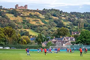 Soccer Prints: Matlock Town FC overlooked by Riber Castle (Landscape)