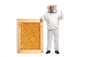 Keeper Prints: Mature male bee keeper in a uniform leaning on a big honeycomb frame
