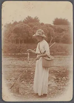 Angling Prints: Maud fishing Ohau River, with trout caught