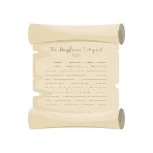 The Mayflower Compact 1620 old pergament. Cartoon vector illustration for Thanksgiving holiday