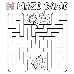 Maze puzzle game for children. Outline maze or labyrinth game with rocket. Vector illustrations
