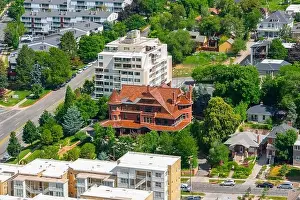 American United Prints: McCune Mansion aerial view at 200 N Main Street from the top of LDS Church Office Building in Salt Lake City