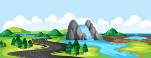 Fall River Prints: Meadow park and road with water fall river side landscape scene