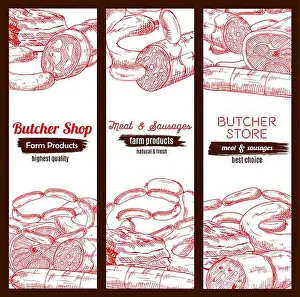 Delicatessen Prints: Meat banners sketch set. Butchery store or butcher shop meaty products pork bacon and ham jamon