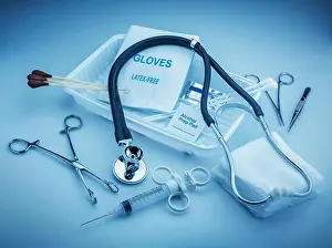 Pincers Prints: Medical instruments for ENT doctor on pale blue