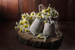 Scent Prints: Medicinal herbs in burlap bags on an old wooden background, herbal medicine