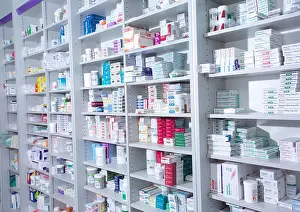 In A Row Prints: Medicines on pharmacy shelves