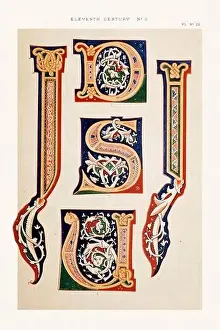 Medieval alphabet initials and ornaments in the style of illuminated art