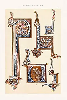 Medieval alphabet initials and ornaments in the style of illuminated art