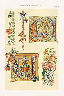 Medieval alphabet initials and ornaments in the style of illuminated art