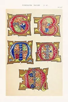Medieval alphabet initials and ornaments in the style of illuminated art