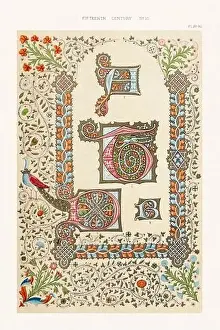 Medieval alphabet initials and ornaments in the style of illuminated art