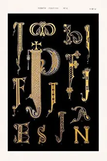 Medieval alphabet initials and ornaments in the style of illuminated art