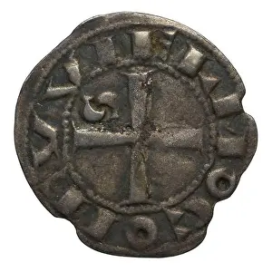 Medieval History Prints: A medieval coin from Languedoc, France, dating from around 1000, with Latin inscriptions.