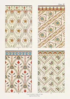 Medieval floral patterns in rich colors upon light grounds