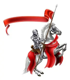 Armour Prints: A medieval knight in shining armour on the back of a rearing white horse holding a red banner