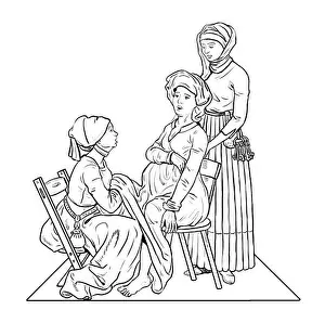 Obstetrics Prints: Medieval midwife receives birth of a child. Historical illustration