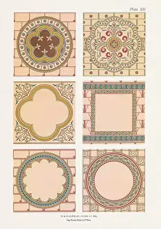 Acanthus Prints: Medieval ornamental medallions in gold and rich colors on light grounds