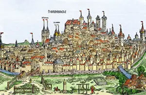 Nuremberg Prints: Medieval walled city of Nuremberg Germany 1400s. Hand-colored woodcut