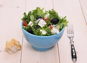Farmers Prints: Mediterranean salad, big black olives, sheeps cheese, close up