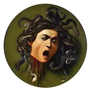 1500s Prints: Medusa, Caravaggio. Painting of the head of Medusa by Michelangelo Merisi da Caravaggio (1571-1610)