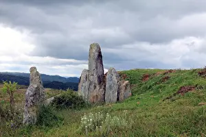 Shillong Prints: Megaliths on a green hillside in northeastern India