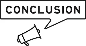 Opinion Prints: Megaphone icon with speech bubble in word conclusion on white background
